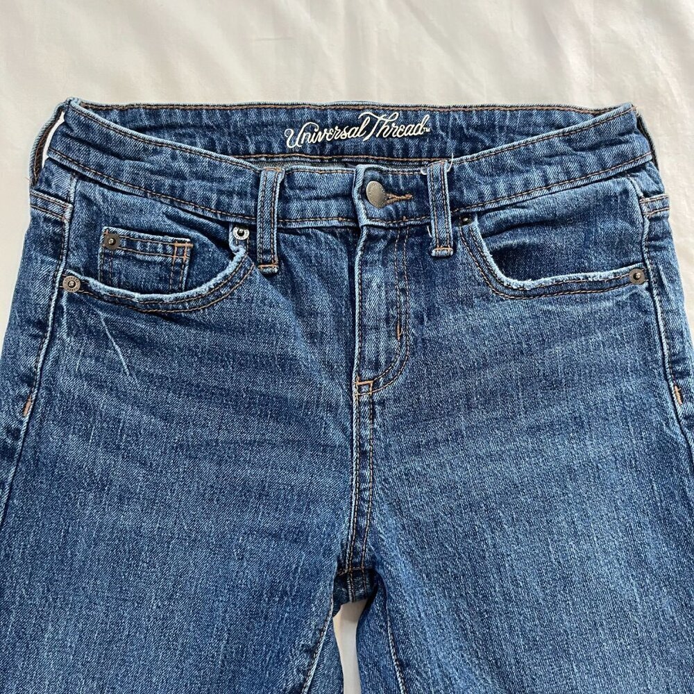 Universal Thread Mid Rise Boyfriend Dark Wash Skinny Fringe Hem Jeans | Size 24 - Picture 3 of 6